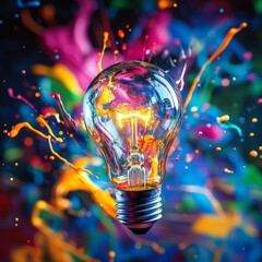 Fototapete - Vibrant Idea: A lightbulb bursts with creative energy, surrounded by a splash of multicolored paint, illuminating imagination.