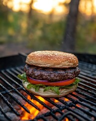 Wall Mural - Juicy hamburger grilling over open flames at sunset picnic delicious barbecue beef patty on grill outdoor cooking