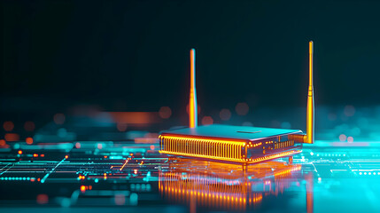 Glowing Orange Computer Processor Microchip with Blue Circuit Board Lines in Dark Background