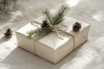 Aufkleber - Elegant wrapped gift with pinecones and greenery on a soft neutral background. Generative AI