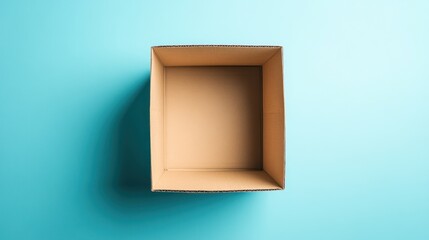 Canvas Print - Empty cardboard box centered overhead, brown against a solid teal background