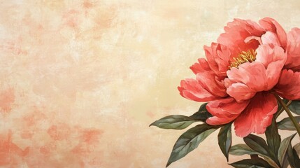 Poster - A beautiful painting depicting a large red peony and green leaves