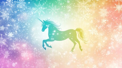 Wall Mural - Winter Unicorn Silhouette in Rainbow Snowflakes