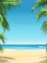Fototapete - Relaxing beach view with palm trees framing a calm ocean under clear blue skies during a sunny day. Generative AI