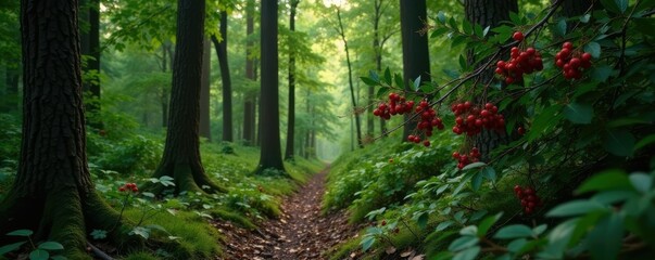 Wall Mural - Dense forest with red berries of Taxus baccata, coniferous tree, nature