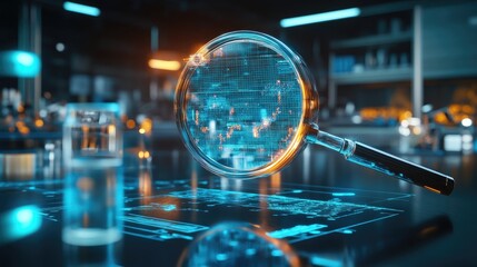 Magnifying glass technology zooming in on a curve.