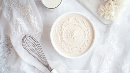 Aufkleber - Creamy batter prepared in a white bowl on a light surface with baking tools and floral accents. Generative AI