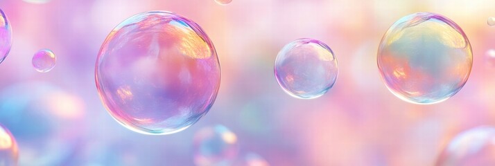 Fototapete - Colorful soap bubbles create a vibrant repeating pattern in a dreamy, blurred background at a sunny outdoor setting. Generative AI