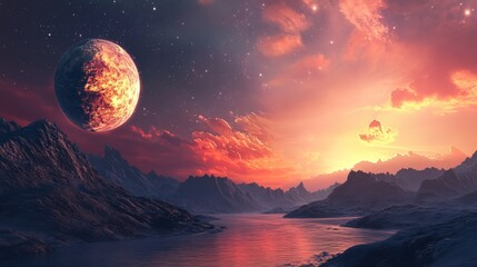 Wall Mural - A beautiful fantasy landscape with a large moon and a red sky.