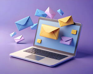 Colorful Emails Flying into Laptop Screen. Digital Communication Concept