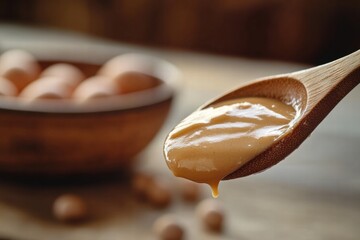 Fototapete - Creamy nut butter drizzled from a wooden spoon above a bowl of fresh eggs on a rustic table. Generative AI