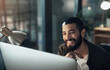 © N F/peopleimages.com - Computer, smile and thinking with designer man in office for website coding or programming deadline. Night, business and planning with happy programmer employee in creative workplace for overtime