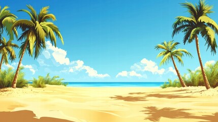 Poster - Tropical beach with palm trees under a clear blue sky and soft sand along the shoreline during a sunny day. Generative AI