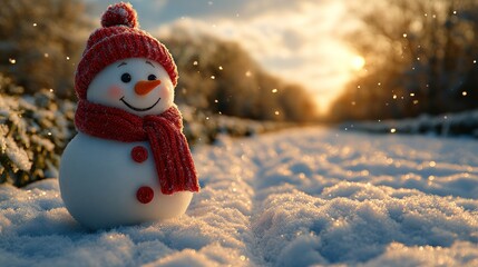 Sticker - Cute Snowman in Winter Holiday Christmas Background, Closeup of Funny Laughing Snowman with Red Wool Hat and Scarf on Snowy Snowscape Illuminated by the Sun