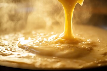 Aufkleber - Golden liquid being poured into a pan with steam rising in a cozy kitchen during morning hours. Generative AI