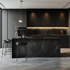 Poster - Elegant Dark Kitchen Interior with Marble Island and Bar Stools, featuring minimalist design and warm lighting accents.