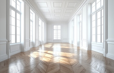Poster - Spacious interior with white walls and large windows, featuring wooden flooring that enhances natural light