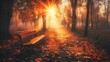 © MINHOO - Autumn forest with wood bench with orange maple leaves fall under trees with sunlight. AI generated