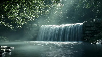 Wall Mural - waterfall cascading over rocks in a serene forest setting during early morning light