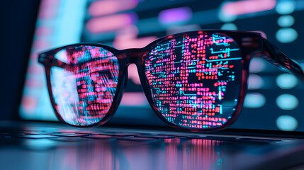 Futuristic Glasses Reflecting Code Data on Laptop Screen at Night