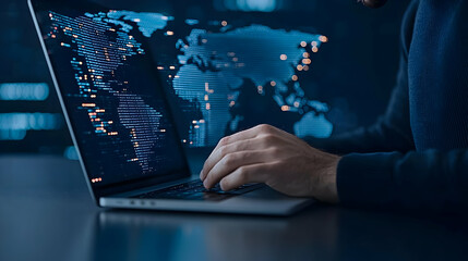 Man Typing on Laptop with Digital World Map in Background