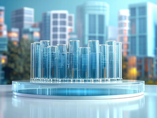 Aufkleber - 3D rendering of transparent cylindrical structures on circular base, showcasing modern architecture in cityscape