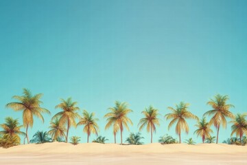 Poster - Vibrant tropical beach with palm trees under a clear blue sky at midday. Generative AI
