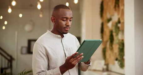 Office, black man and reading with tablet for web designer, software update or scroll for information. Career, business or ux developer with tech for seo tools, trends or research for creative agency