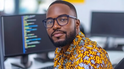 Portrait of a Focused Man Wearing Glasses and a Patterned Shirt in an Office Setting
