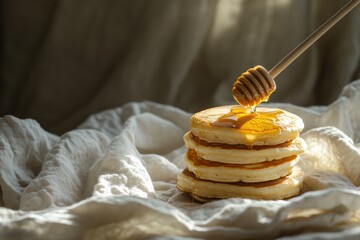 Aufkleber - Stack of fluffy pancakes topped with honey drizzling from a wooden stick in soft morning light. Generative AI