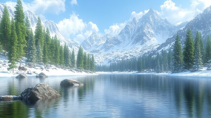 Naklejka na meble Serene winter mountain lake landscape with snow capped peaks and evergreen trees reflecting in the tranquil waters ideal nature scene