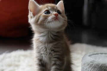 Tiny cute kitten standing up and looking curiously with bright eyes in a playful and adorable pose, perfect for pet lovers and animal enthusiasts