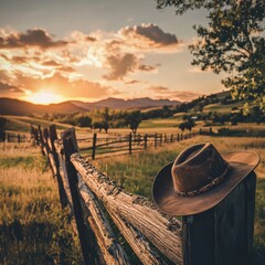 Poster - Sunset over fields with a cowboy hat resting on a rustic wooden fence in a tranquil countryside setting. Generative AI