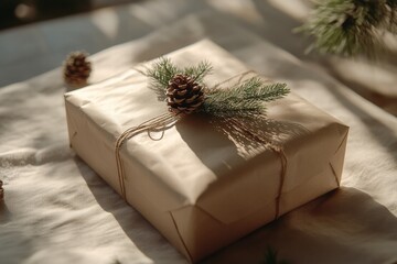Aufkleber - Wrapped gift adorned with pinecone and greenery on a soft surface during a cozy winter afternoon. Generative AI