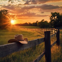 Aufkleber - Golden sunset over a rural landscape with a cowboy hat resting on a wooden fence. Generative AI