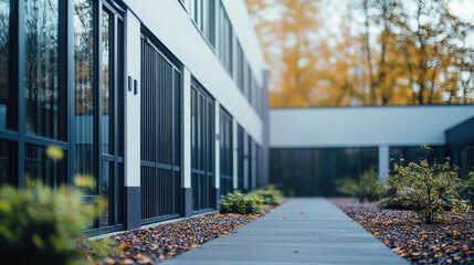 Poster - Modern building with metal fence and pathway surrounded by greenery