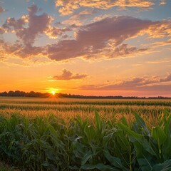 Poster - Golden sunset over sprawling cornfield with vibrant clouds in the evening sky. Generative AI