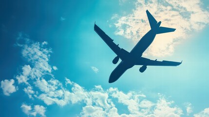 Poster - Airplane flying through a clear blue sky with scattered clouds during the day providing a sense of travel and adventure. Generative AI