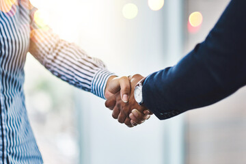 Aufkleber - Business people, handshake and deal with partnership in office for meeting, contract and b2b opportunity. Agreement, job promotion and teamwork with employee shaking hands for welcome and greeting