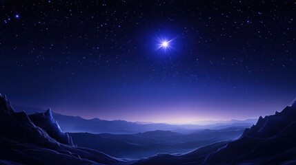 Fototapete - Night sky illuminates mountains with a bright star shining over a serene landscape during twilight. Generative AI