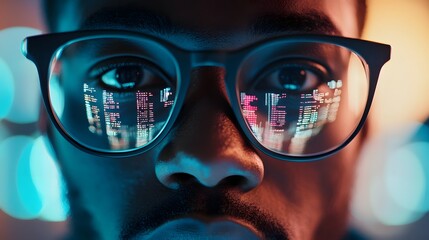 close-up of a person wearing glasses reflecting code