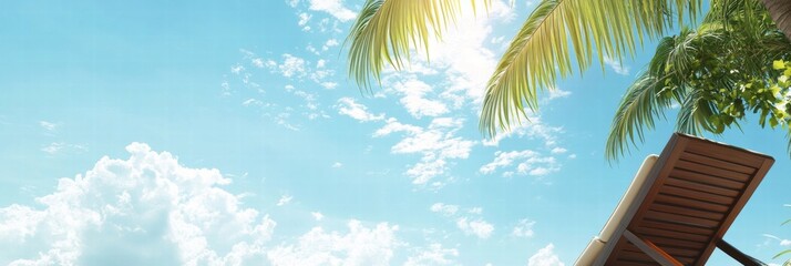 Poster - Relaxing under sunny skies with palm trees and fluffy clouds at a tropical beach retreat. Generative AI