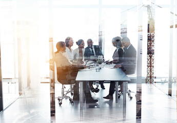 Leinwandbilder - Team, meeting and business people with double exposure for construction in office. Happy group, collaboration or architects in discussion for city project plan, building development and crane overlay