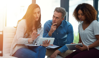 Poster - Collaboration, meeting and tablet with creative team in office for discussion or planning together. Digital marketing, design or strategy with man and woman group at work for project management