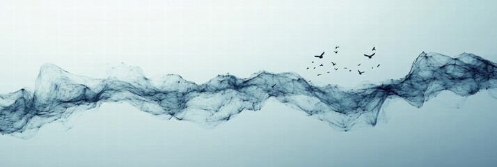 Fototapete - Swirling waves of mist with birds flying across a serene horizon at dawn. Generative AI