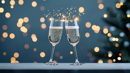Wall Mural - two champagne flutes clinking together, with a burst of golden bokeh lights emanating from the point