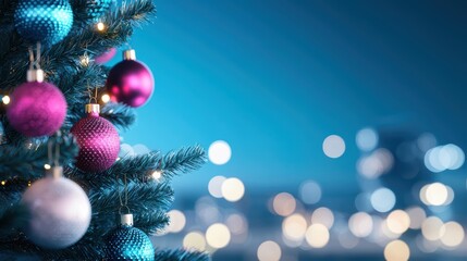 Wall Mural - close up of a christmas tree adorned with colorful ornaments and twinkling lights, with a bokeh effe