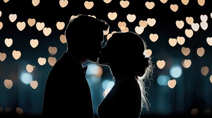 Wall Mural - a couple sharing a kiss at midnight, their silhouettes framed by a heart shaped bokeh effect created
