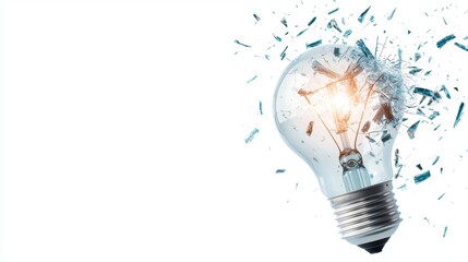 Wall Mural - A clear light bulb shattering from the inside out, the filament breaking apart as cracks spread across the glass, creating a web of destruction, isolated on white.