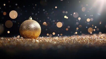 Wall Mural - a close up shot of a golden christmas ornament reflecting twinkling bokeh lights, creating a luxurio